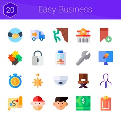 easy business icon set. 20 flat icons on theme easy business. collection of summary, handshake, settings, director, university, north, news report, avatar, delivery truck, dollar