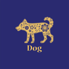 Dog. Chinese horoscope 2030 year. Floral golden ornament. Animal symbol.