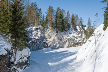 March sunny day in the Ruskeala mountain park. Karelia, Russia