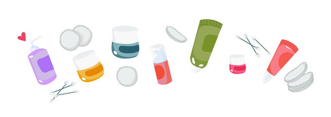 Set of home spa. Cotton pads. Cotton swabs. Cosmetic jars. Hygiene, cosmetology. Vector illustration on a white background.
