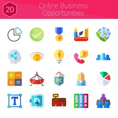 online business opportunities icon set. 20 flat icons on theme online business opportunities. collection of calculator, flag, social, cash register, bulb, safe box, pie chart