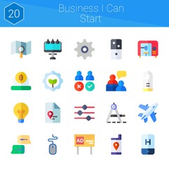 business i can start icon set. 20 flat icons on theme business i can start. collection of plane, settings, mobile, staff, discussion, advertising, gps, 3d printer, billboard