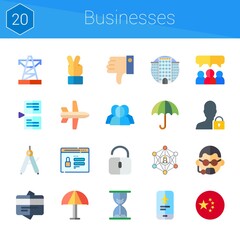 businesses icon set. 20 flat icons on theme businesses. collection of bodyguard, power line, umbrella, dislike, victory, networking, aeroplane, unlocked, testimonials, password