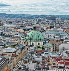 View of Peterskirche from the top of Stephansdom in the historic old town of Vienna, Austria