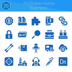 profitable home business icon set. 20 filled icons on theme profitable home business. collection of Dohyo, Discount, Loupe, 3d printing pen, News reporter, Bitcoin, Factory