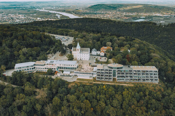Aerial drone shot of Kahlenberg collin with St. Joseph Church outside Vienna, Austria