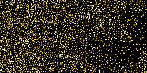 Golden point confetti on a black background. Illustration of a drop of shiny particles. Decorative element. Element of design. Vector illustration, EPS 10.