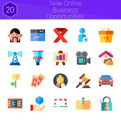new online business opportunities icon set. 20 flat icons on theme new online business opportunities. collection of antenna, handshake, basket, tickets, goal, ribbon, video camera