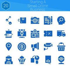 Fototapeta na wymiar starting a small online business icon set. 20 filled icons on theme starting a small online business. collection of Placeholder, Coupon, Hotel key, Friends, Bitcoin, Bag