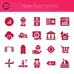 new businesses icon set. 20 filled icons on theme new businesses. collection of Building, Courthouse, Plane, Shopping cart, Forklift, Lighthouse, Time, House, Machine, Card