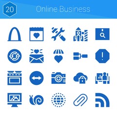 online business icon set. 20 filled icons on theme online business. collection of Loop, Competition, Cloud computing, Email, Calendar, Tools, Attachment, Worldwide, Presentation