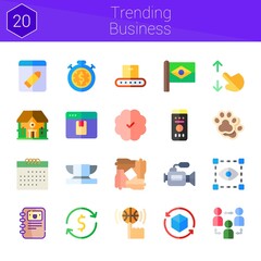 trending business icon set. 20 flat icons on theme trending business. collection of calendar, conveyor, flag, evidence, remote control, anvil, video camera, brain, house