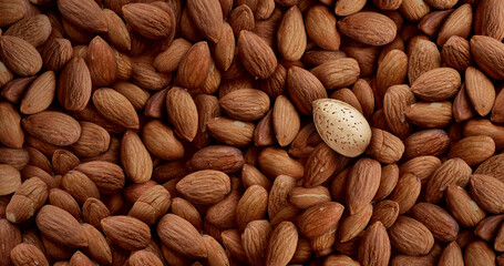 Stand out in a crowd concept and individuality symbol and tough nut or security idea as a group of shelled almonds with one individual almond inside a shell.