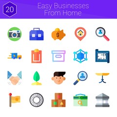 easy businesses from home icon set. 20 flat icons on theme easy businesses from home. collection of calendar, handshake, flag, package, sprout, piggy bank, avatar, transport