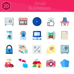 small businesses icon set. 20 flat icons on theme small businesses. collection of safebox, online store, mapping, like, customer service, custom, 3d printer, laptop, padlock