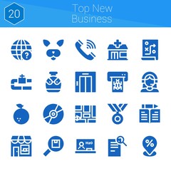 top new business icon set. 20 filled icons on theme top new business. collection of Canteen, Placeholder, Telephone, Customer support, Pipe, Earth globe, Orange, Compact disc
