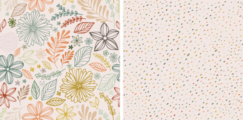 Set of hand drawn floral template for cover, home decor, backgrounds, cards. Children abstract and floral design in doodle style. Vector illustration and seamless pattern in pastel warm colors