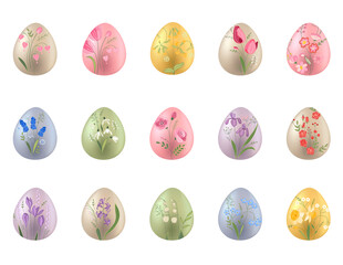 Big set with festive painted Easter eggs. Floral elements. Different colors and flowers.