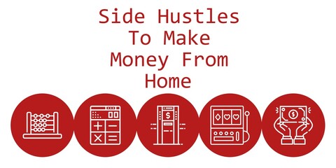 side hustles to make money from home background concept with side hustles to make money from home icons. Icons related calculator, abacus, atm, slot machine, dollar