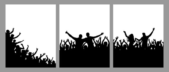 Silhouette of cheerful crowd people, vertical posters, set. Fun people on party or holiday or concert, sport fans. Vector illustration