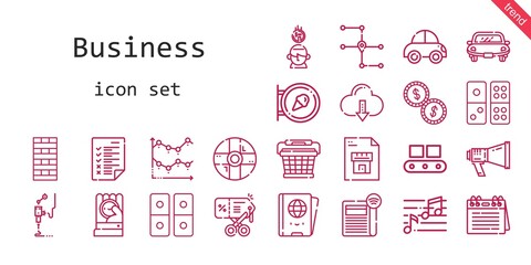business icon set. line icon style. business related icons such as conveyor, calendar, newspaper, basket, megaphone, note, chimney, coins, sign, discount, 3d printer, blueprint