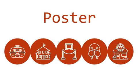 poster background concept with poster icons. Icons related exhibition, cage, kindergarten, walrus, pet shop