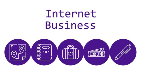 internet business background concept with internet business icons. Icons related route, ticket, luggage, pen, notebook