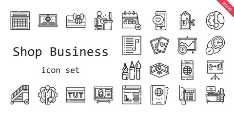 shop business icon set. line icon style. shop business related icons such as exhibition, calendar, news, website, smartphone, cards, news report, wall clock, telephone, employee
