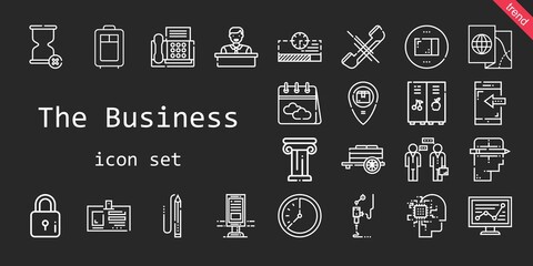 the business icon set. line icon style. the business related icons such as calendar, smartphone, package, wall clock, 3d printer, pencil, billboard, employee, progress bar, cart