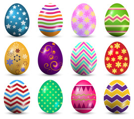 Set of multicolor Easter eggs with different texture on a white background. Spring holiday