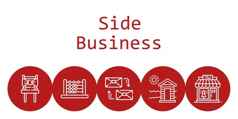 side business background concept with side business icons. Icons related clothing shop, chair, abacus, cabin, mailing