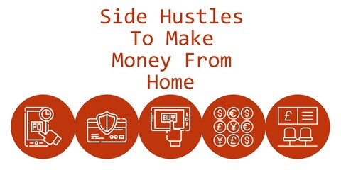 side hustles to make money from home background concept with side hustles to make money from home icons. Icons related mobile shopping, online shopping, bank, coins, credit card