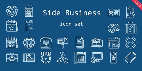 side business icon set. line icon style. side business related icons such as calendar, calculator, online shopping, suitcase, ticket, flags, graphic design, telephone, clock