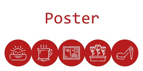 poster background concept with poster icons. Icons related flowers, coffee cup, sunset, letter, high heels