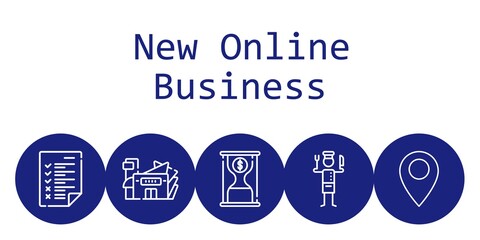 new online business background concept with new online business icons. Icons related pin, mall, time is money, chef, tasks