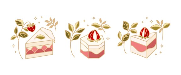 Set of hand drawn cheesecake, pastry, cookie, and bakery logo elements with floral leaf and strawberry fruit isolated on white background