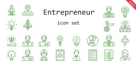 entrepreneur icon set. line icon style. entrepreneur related icons such as clerk, task, idea, startup, unicycle, man, businesswoman, businessman, tasks