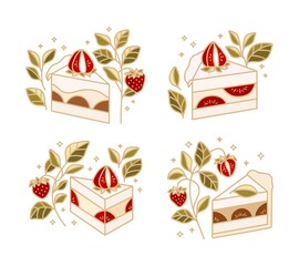 Hand drawn cake, pastry, bakery logo element collection isolated on white background with strawberry fruit, chocolate, cheese, and natural leaf branch illustration elements