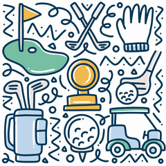 hand drawn golf equipment doodle set