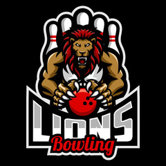 Lion Bowling design with mascot of a muscular lion holding bowling ball with bowling pin. Great for team or school mascot or t-shirts and others.