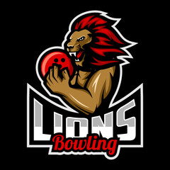 Lion Bowling design with mascot of a muscular lion holding bowling ball. Great for team or school mascot or t-shirts and others.