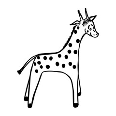 Vector illustration of a cute giraffe, positive. Doodle technique. Cartoon giraffe with dark spots, tassel tail and smile on his face. Stock illustration