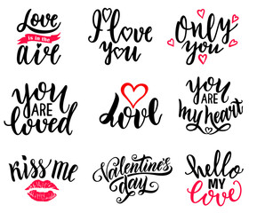 Happy Valentines day and love typography set. 14 february vector text design. Valentin Hand Lettering Text. Usable for banners, greeting cards, gifts etc. For greeting cards, posters.