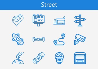 Premium set of street line icons. Simple street icon pack. Stroke vector illustration on a white background. Modern outline style icons collection of Collision, Signpost