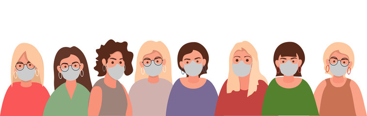 Adult women wearing face masks standing together in row. Diverse people vector illustration. Group of students.