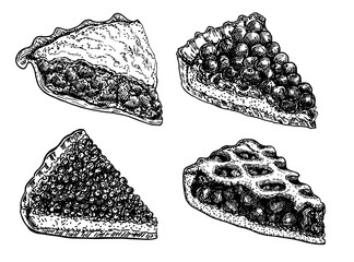 Homemade pie set. Hand drawn sketch dessert. Food elements. Vector ink hand drawn illustration. Menu, sign board template. Sketch slice of fruit tart. Pies with meat, berries, fruits. © EVGENIY