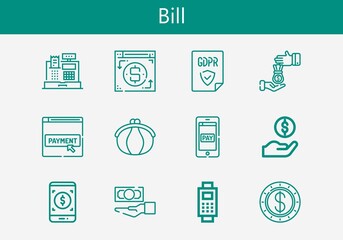 Premium set of bill line icons. Simple bill icon pack. Stroke vector illustration on a white background. Modern outline style icons collection of Purse, Payment, Dollar