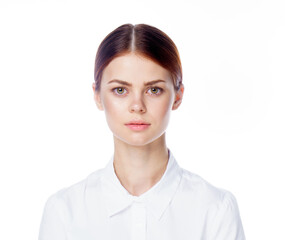 pretty woman in white shirt emotions cropped view