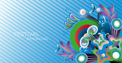 Festival Banner. Carnival party background. Bright multicolored shapes with rainbow wave and colors.