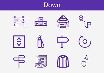 Premium set of down line icons. Simple down icon pack. Stroke vector illustration on a white background. Modern outline style icons collection of Arrow, Jacket, Pdf